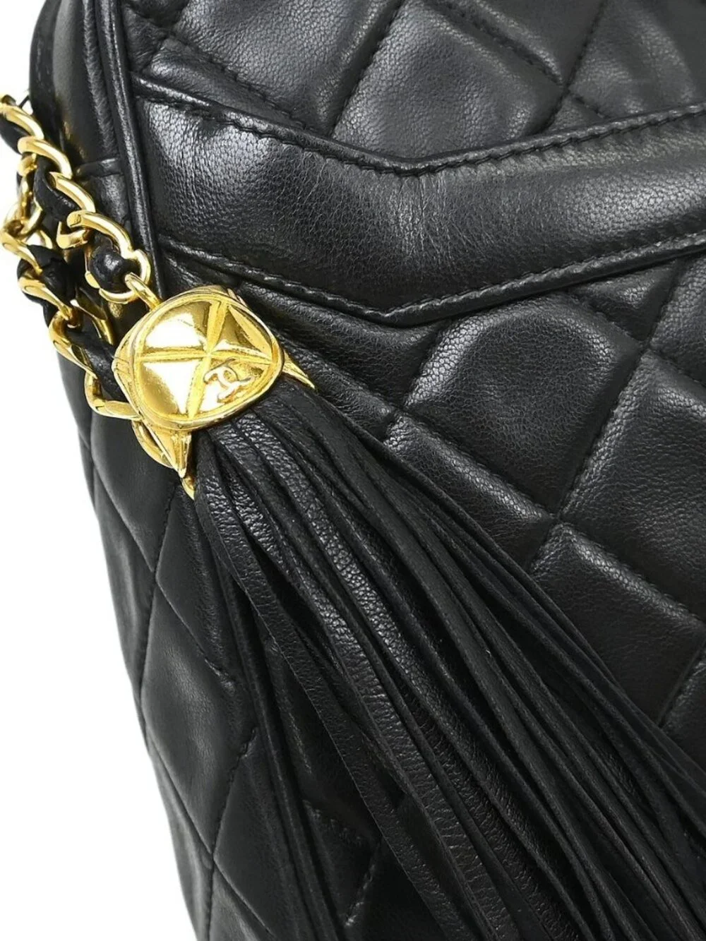 Chanel Black Lambskin Frigne Chain Shoulder Camera Bag